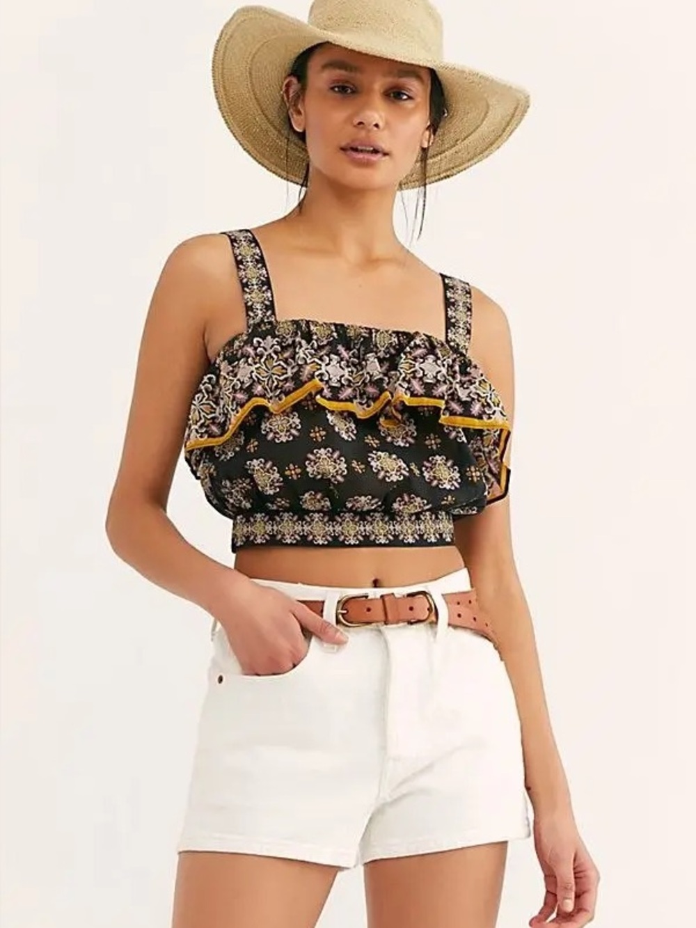 Free People Medallion Print Cropped Ruffle Bubble Tank Top xs